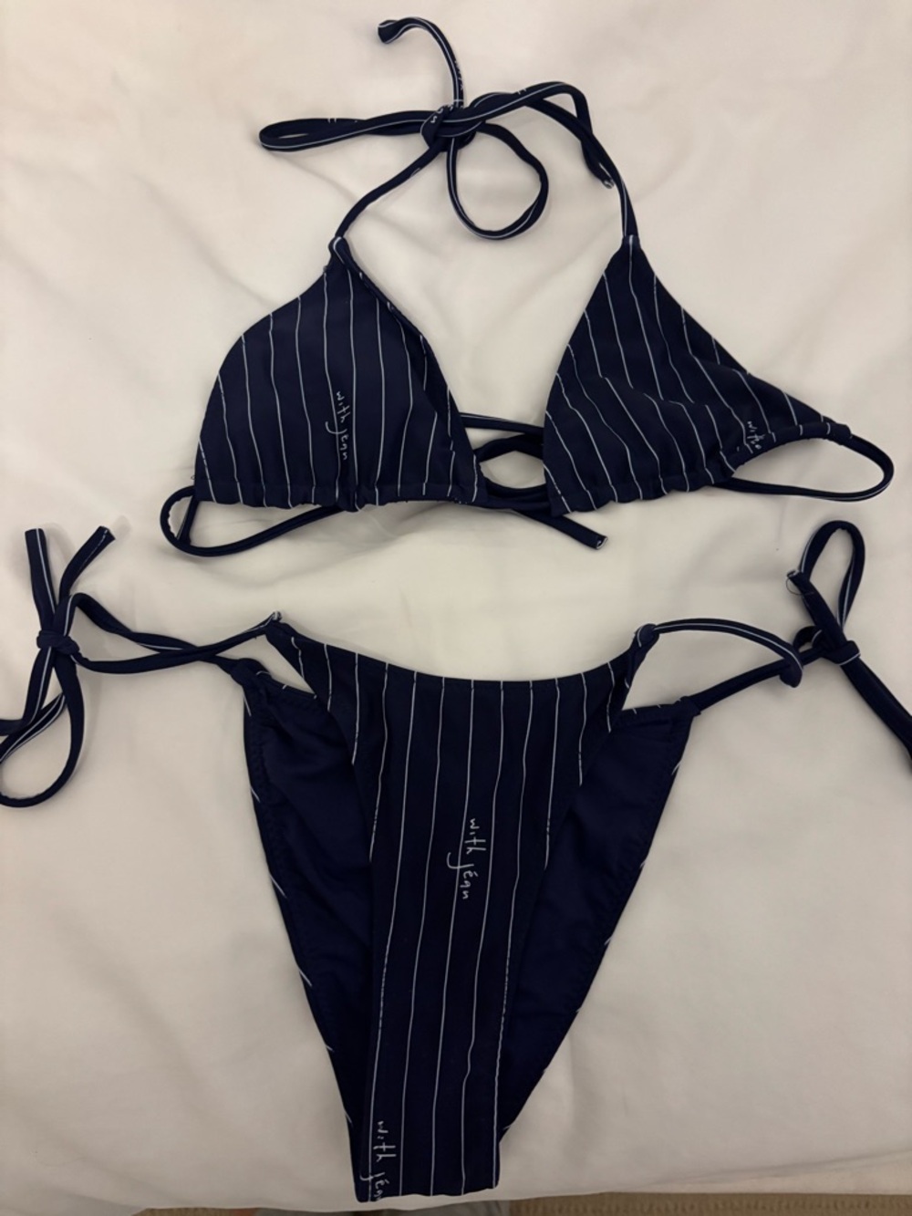 With Jean Navy Pinstripe Triangle Tie Bikini